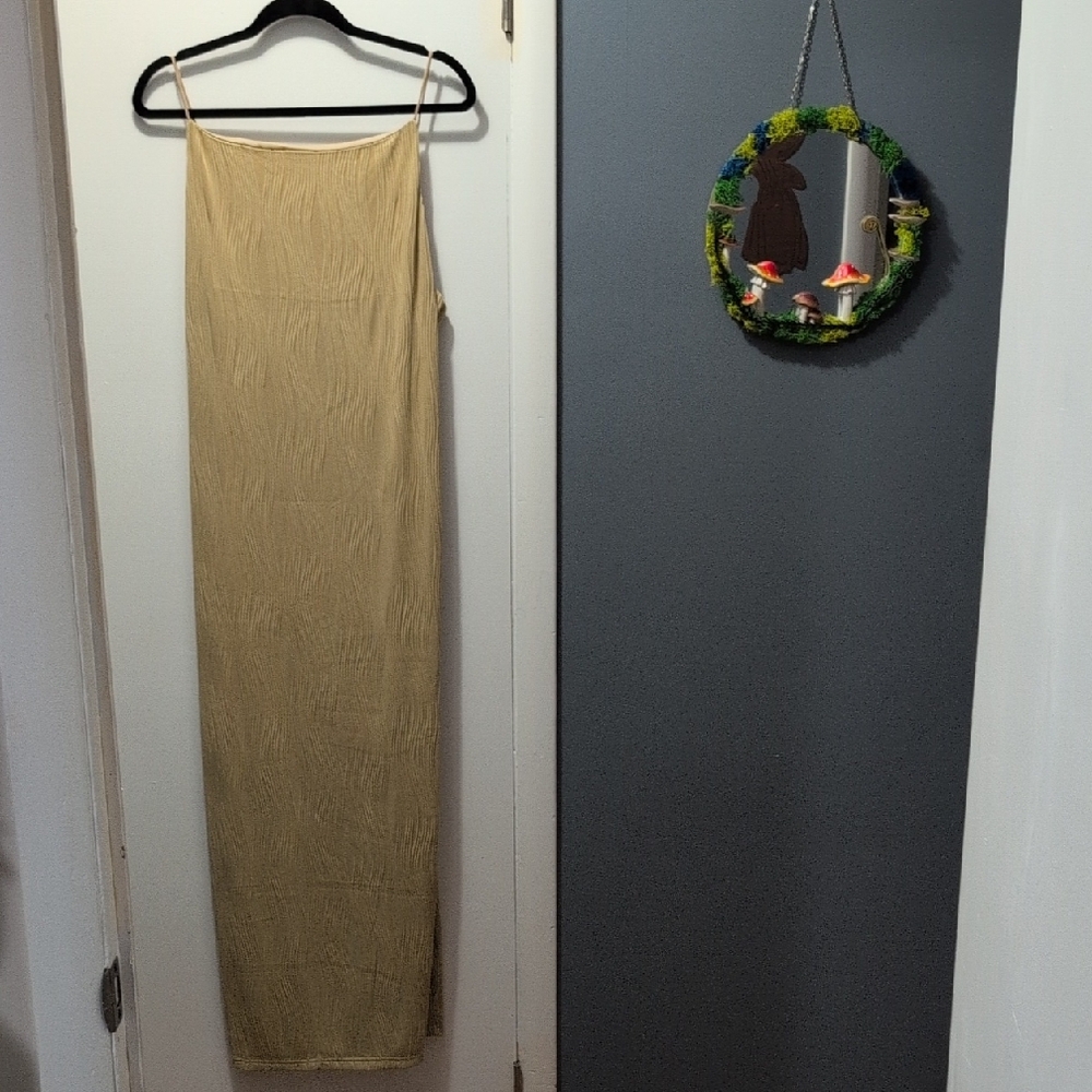 Textured Tan Maxi Pencil Dress With High Neck And Low Back
